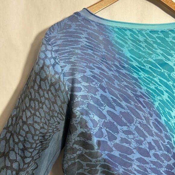 GLIMA Top Womens L Blue Zebra Animal Print 3/4 Sleeve 100% Cotton Scoop Neck - Picture 4 of 9